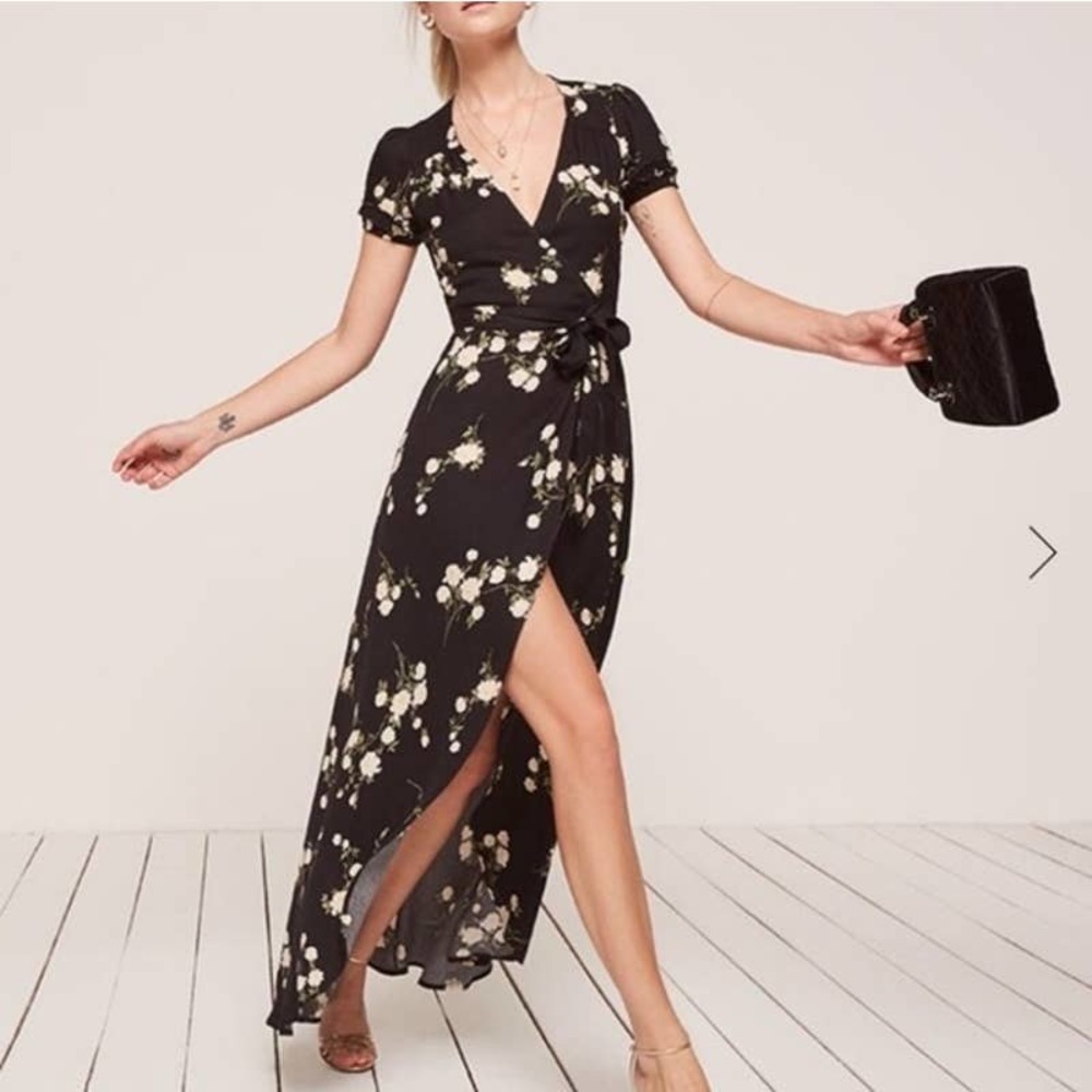 Reformation Maria Black Floral Wrap Dress (Size M)
